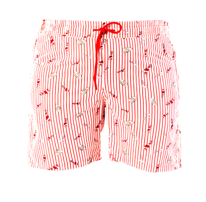 Red-Striped White Swim Shorts