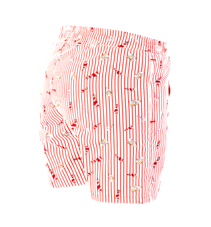 Red-Striped White Swim Shorts